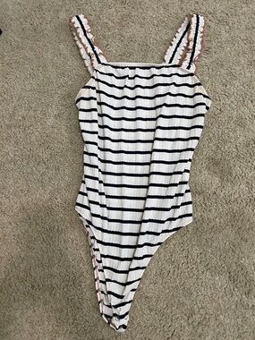 Striped Ribbed One-Piece Bodysuit in White and Black